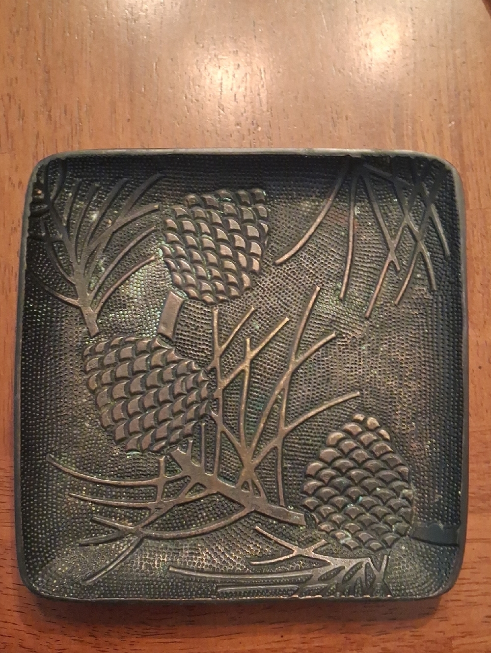 Vintage Cast Metal Square Pine Cone Tray 4.5” Candle Trinket Dish